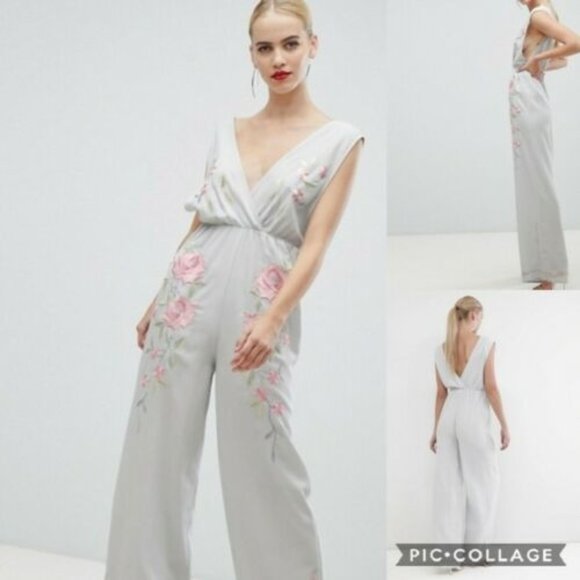 ASOS Gray Jumpsuit with Pink Floral Design - Picture 1 of 12